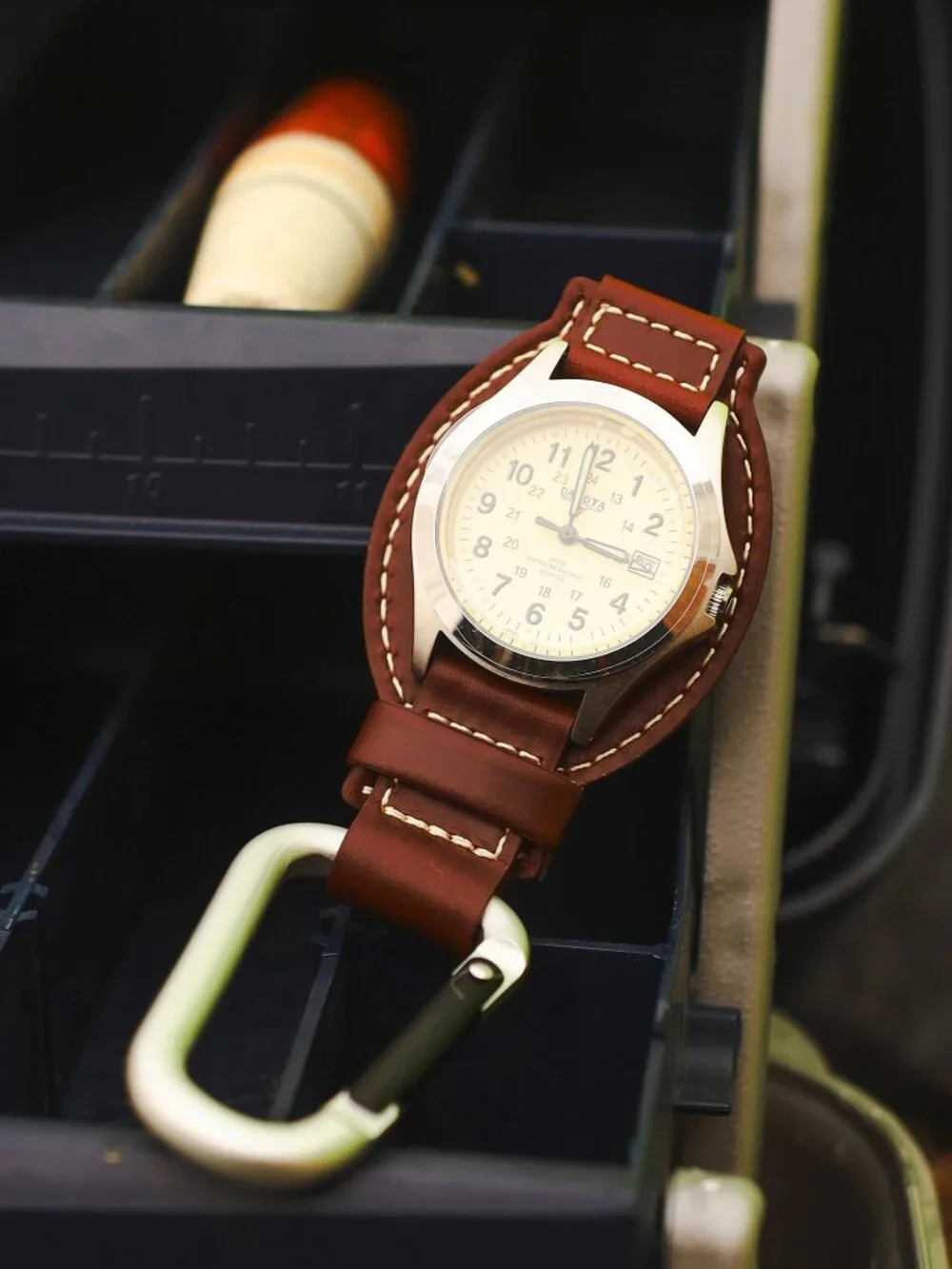 Dakota Leather Clip Watch, Military Dial, Waterproof - Brown